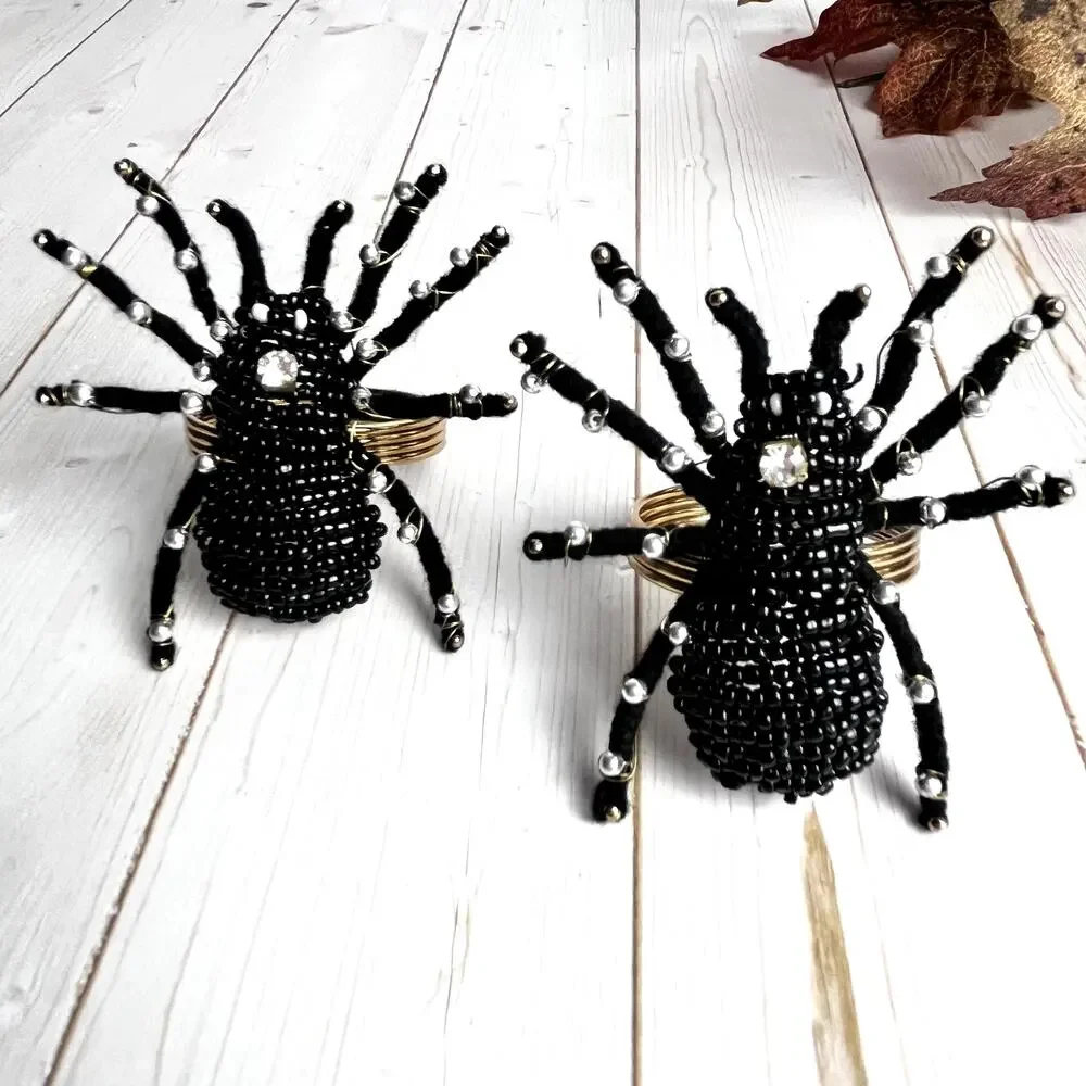 Set of 4 Black Widow Spider Beaded Napkin Rings Rhinestone Gold Halloween Glam
